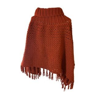 Vintage Handmade Crochet Knit Poncho Rust Orange Fringe Hippie Boho ONE SIZE